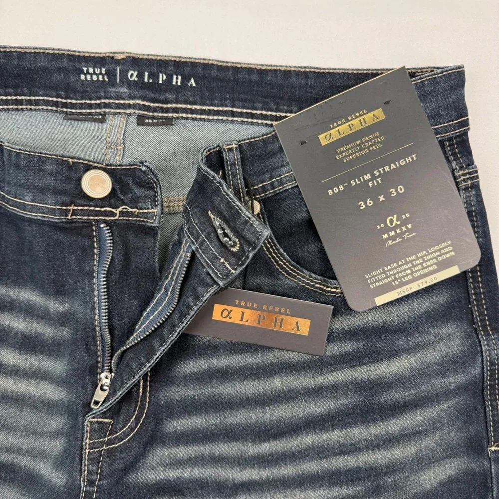 True Rebel Alpha 808 Slim Straight Jeans Mens 36x30 Dark Wash Stretch Denim NEW